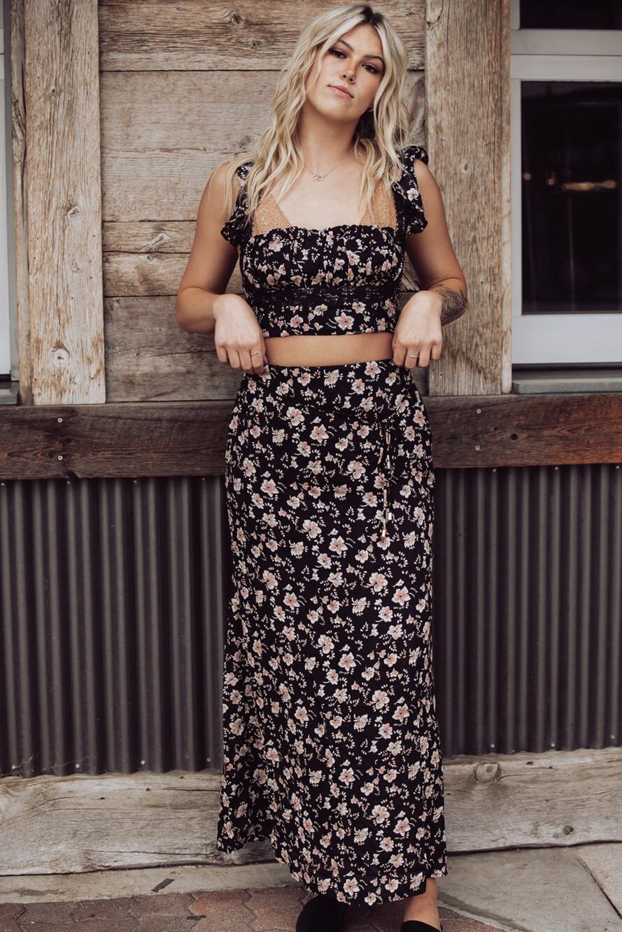 New Free People Bijou Smocked Top and Maxi Skirt Set $128 Sz 4 Black Floral Boho